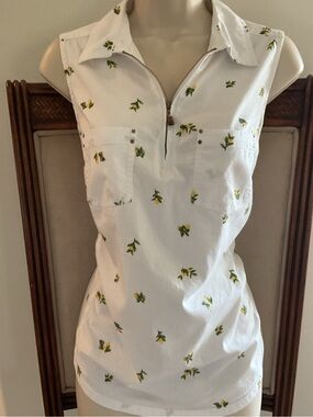 Coral Bay White Sleeveless Zip Polo with Yellow Floral Print